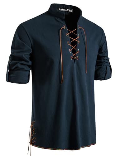 PARKLEES Chemise de loisirs rétro en coton pour homme - Manches longues - À lacets - Costume de pirate médiéval - Viking - Pour Halloween, Bleu marine...