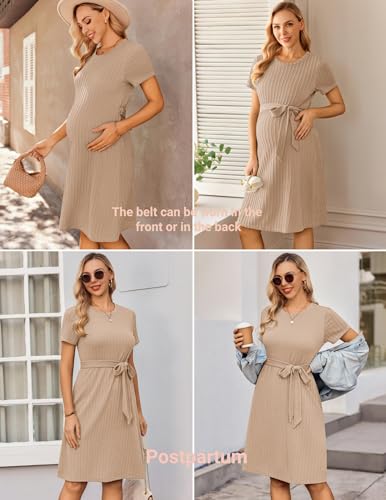 Ekouaer Women'S Maternity Ribbed Loose Fit Dress Short Sleeve Dresses Scoop Neck Pregnancy Dress For Casual Wear Khaki S thumb #1