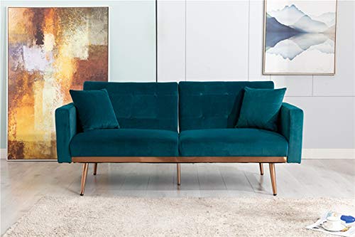 Szlizccc 63" Accent Sofa, Mid Century Modern Velvet Fabric Couch， Convertible Futon Sofa Bed ，Recliner Couch Accent Sofa Loveseat Sofa With Gold Metal Feet (Teal) #TOP4
