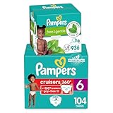 Pampers Pull On Cruisers 360° Fit Disposable Baby Diapers Size 6, 104 Count with Free & Gentle Baby Wipes 12 Flip-Top Packs (936 Wipes Total)