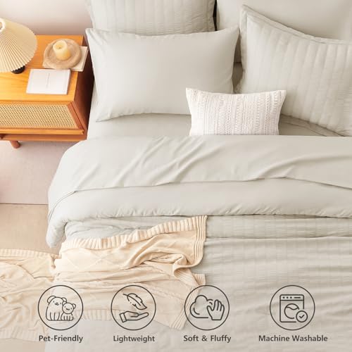 Image of CozyLux Oversized King Comforter Set with Sheets, 7 Pieces 120 inchx98 inch Oatmeal Seersucker Bed in a Bag, Luxury Soft Bedding Sets with Down Alternative Comforter, Sheets, Pillowcases & Shams All Seasons