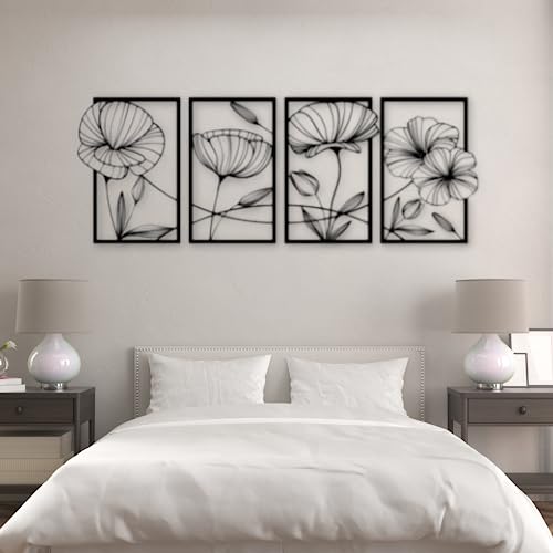 Image of 7 Decore Poppy Bloom Quartet 4-Panel Floral Wood Wall Decor | Wall Hanging Decoration for Living Room, Bedroom, Drawing Room, Dining Room & Office (Black) (Big Size Home Decor)