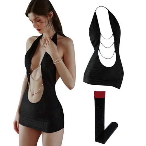 GKLWEJ Sexy Kleid Damen, Minikleid Damen Sexy, Partykleid, Dessous Kleid Damen Sexy, Sexy Outfit für Damen für Sex mit 1 Paar Schwarzen Strümpfen,...