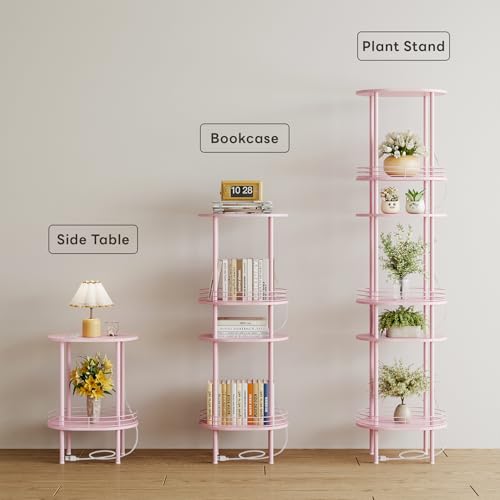 Image of Small Oval Side Table with Charging Station, 2-Tier Pink Round End Table | Narrow Nightstand with USB Ports and Outlets, Bedside Table for Small Space - Living Room, Bedroom, Nursery,(1PC,Pink)