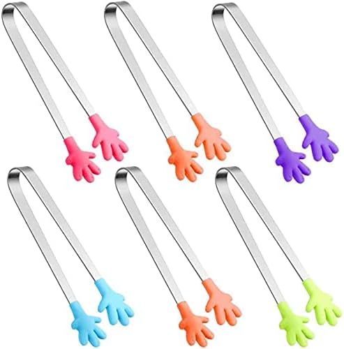 KIENAI6 Pcs stainless Steel Kitchen Tongs, 5 Inch Food Grill Cooking Tongs, with Stand and Silicone Tips Food Tong, Used for Barbecue, Cooking, Serving Food, Ice Cube, Fruits, Sugar, Vegetable
