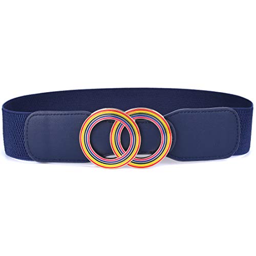 Women’s Elastic Stretch Wide Waist Belts w Double Rings Rainbow Buckle2