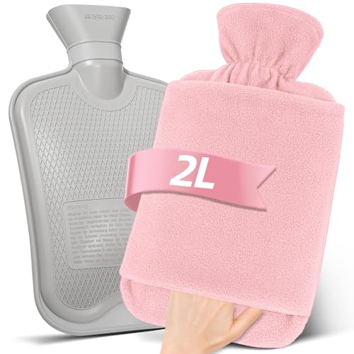 MUPAS Wärmflasche mit Vliesbezug –2L Große Auslaufsicher Bettflasche –Weicher Wärmflaschen mit Känguru Tasche +Naturkautschuk –Hot Water Bag...