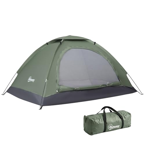 Outsunny Tienda de Campaña para 2 Personas Tienda de Camping Plegable con 2 Ventanas de Malla Bolsillo Bolsa de Transporte y Marco de Fibra de Vidrio 206x152x110 cm Verde