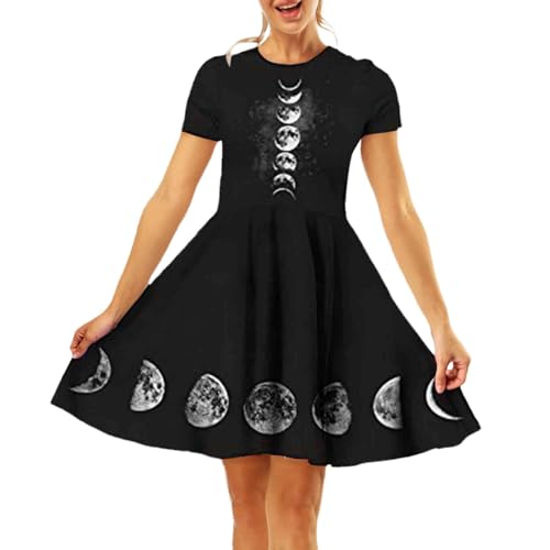 Vestidos de mujer con estampado 3D de manga corta, informal, acampanado, vestido midi para verano, Negro , M