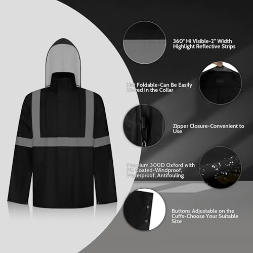 Image of TCCFCCT Hi Vis Jacket and Pants Rain Suit - Waterproof, High Vis Rain Coat with Hood, Safety Work Class 3 Reflective - L-XL Black WP