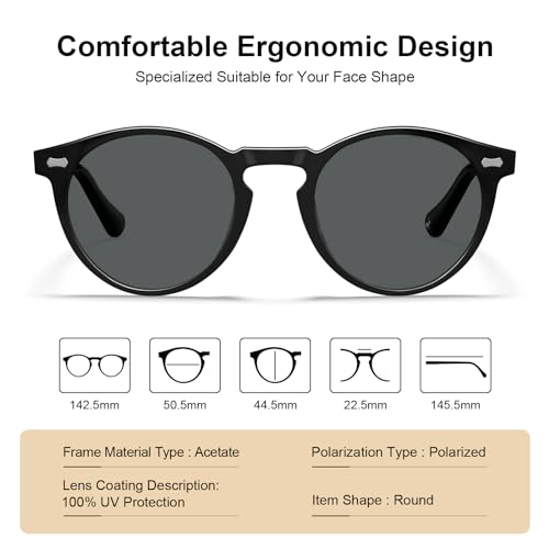 Image of CARFIA Acetate Polarized Sunglasses for Men Retro Classic Round Shades