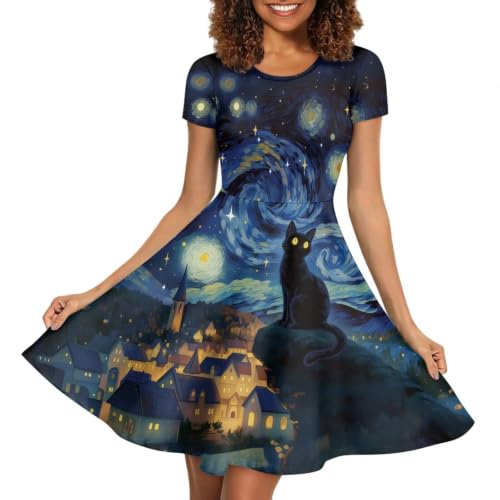 Image of HUGS IDEA Womens Puffy Swing Midi Dress Round Neck Short Sleeve Party A-Line Dresses