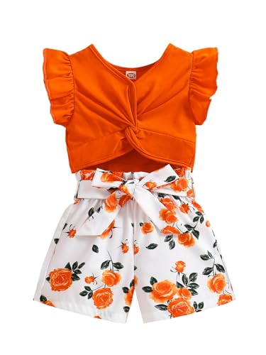 Image of Girls 2 Piece Outfits Summer Clothes Ruffle Short Sleeve Shirts Top and High Waist Shorts Set with Belt