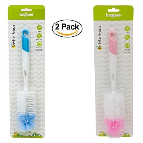 Image of Baybee 2 in 1 Baby Bottle Cleaning Brushes | BPA-Free 360 Movable Nylon Bristles Baby Feeding Bottle & Nipple Cleaning Brush | Anti Slip, Easy to Clean Neck to Wide Corner Cleaner Set(Pack of 2,Pink)