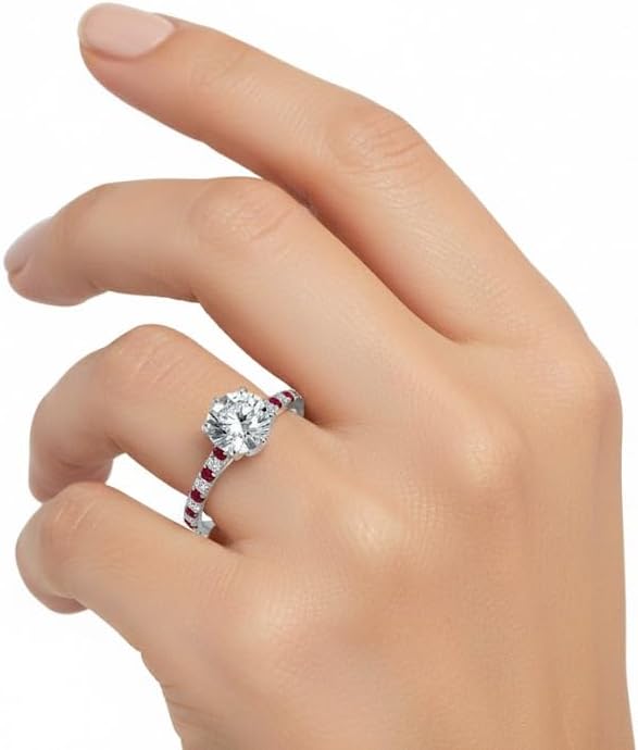 Choose Your Gemstone 6 Claw Prong Flower Basket Diamond CZ Ring Sterling Silver Round Shape Side Stone Engagement Rings Lightweight Office Wear Everyday Gift Jewelry US Size 4 to 12