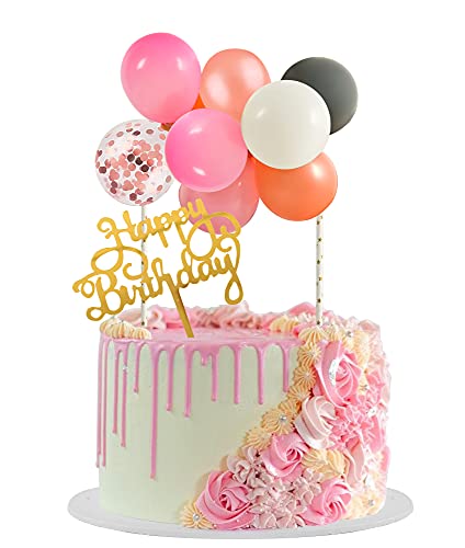 Beishida Pink Gray Balloon Cloud Cake Topper 5'' 10Pcs Rose Pink Confetti Mini Balloon Cake Topper With Happy Birthday Cupcake Topper For Baby Girl Birthday Cake Decorations Wedding Party Supplies #TOP21