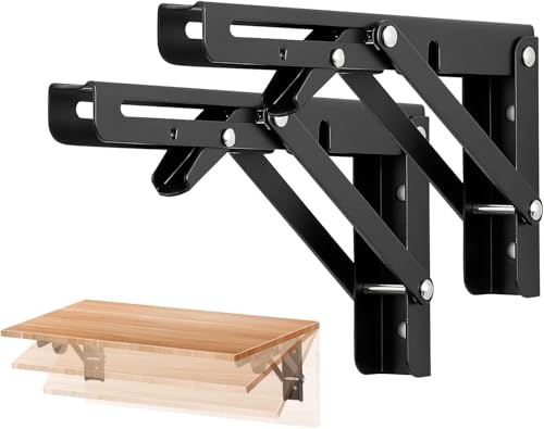 Image of Ravinte 6 Pack 8 Inch Folding Shelf Brackets - Matte Black, Heavy Duty Collapsible Brackets for Tables and Benches - Space-Saving Design