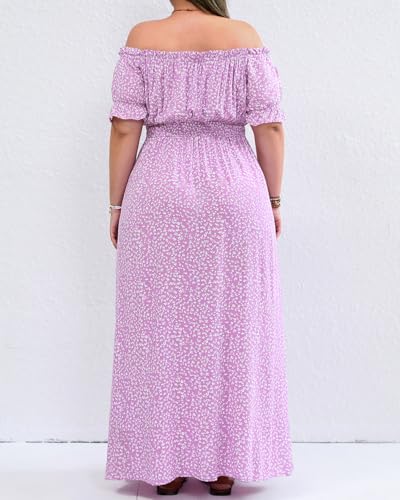 Image of Holipick Women's Off The Shoulder Boho Dress Plus Size Floral Smocked Waist Split Summer Maxi Sundress with Pockets