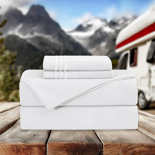 Image of Elegant Comfort Luxurious 1500 Premium Hotel Quality Microfiber Three Line Embroidered Softest 4-Piece Bed Sheet Set, Wrinkle and Fade Resistant, RV Short Queen, White