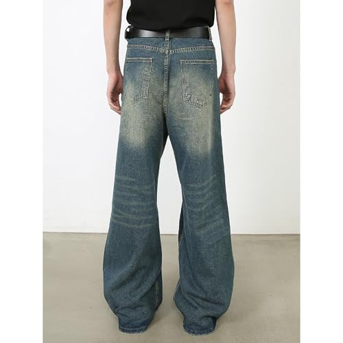 Mens Straight Leg Long Jeans Mid Waist Slim Fit Washed Denim Pants Vintage Baggy Jean Trousers (Small,Retro Bluee2)3