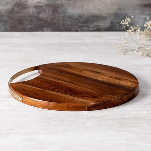 Image of nestroots Dessert Cheese Serving Platter for Parties | Stand /Holder for Starters, Snacks, Cakes, Desserts, Pizza for Dining Table | Gifts Fancy Sheesham Wood with Iron Handle 14 inch Diameter