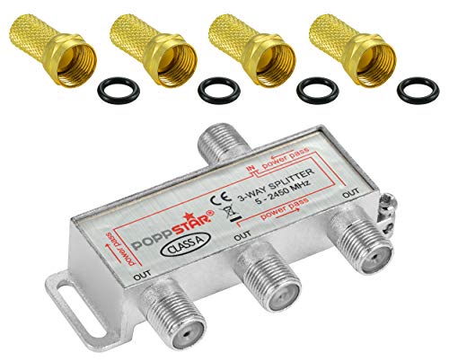 Poppstar Répartiteur coupleur d'antenne 3 Sorties, Fiche F inclue (analogique/numérique/large-bande/unicable/HD/4K Compatible) pour TV,Antenne...