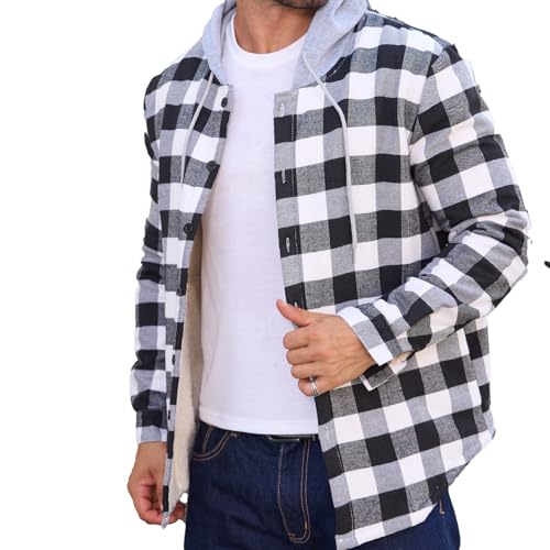 Image of Mens Sherpa Fleece Lined Flannel Buffalo Plaid Jackets with Hood Winter Thermal Quilted Insulated Hooded Coat Outwear