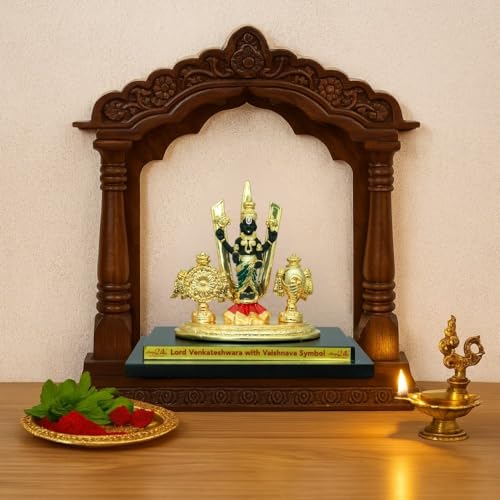 Image of Gold Plated Venkateshwara with Vaishnav Symbols | Balaji Murti for Pooja Room & Festive Gifting |Traditional Lord Balaji Statue with Protective Vaishnava Energy| 19.03 x 11.8 x 18.5 cm