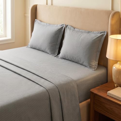 Image of LANE LINEN 400TC 100% Cotton Micro Check King Size Bedsheet - Silver | OEKO-Tex Certified, 108 x 108 Inch, Fits King & Double Size Bed, Breathable & Wrinkle-Free, Includes 2 Pillow Covers