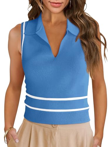 Image of Saodimallsu Womens Sleeveless Cropped Sweater Vest V Neck Collared Color Block Y2k Crop Tank Top Summer Polo Shirts