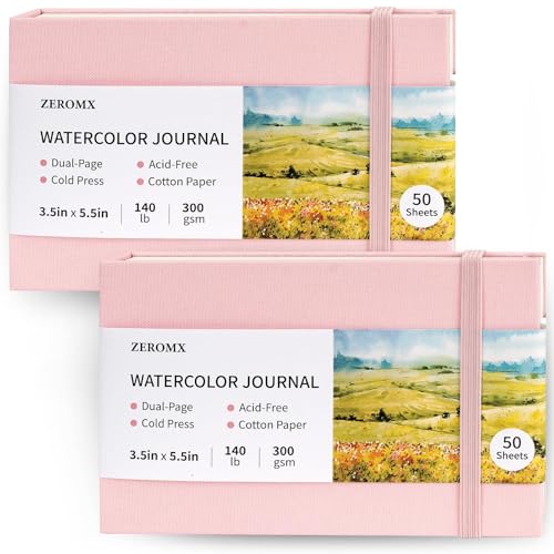 ZEROMX Watercolor Sketchbook 3.5x5.5 Watercolor Journal 2 Packs 50 Sheets Each Cotton Paper Cold Press 140lb/300gsm Mini Watercolor Book Watercolor Notebook for Travel Painting (Pink)