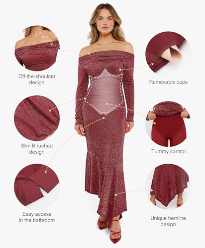 Popilush Long Sleeve Formal Dress Women's Sparkly Off Shoulder Shapewear Cocktail Dresses Bodycon Mermaid Maxi Dress Red — view 4
