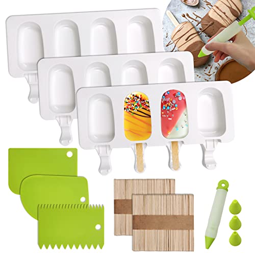 SNAILGARDEN Lot de 3 moules à crème glacée à 12 cellules + 100 bâtonnets en bois + 1 grattoir à gâteau + 1 stylo de décoration pour dessert chocolat...