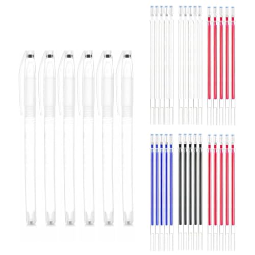 6 + 30 Rotuladore Tela Borrable, Boli Costura Borrable por Calor, Bolígrafos Indelebiles para Costura, Quilting y Manualidades 4 Colores con 30 Recambios para Textiles Sastres y Proyectos de Bricolaje