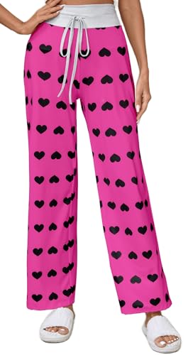 X-Image Womens Comfy Drawstring Pj Bottoms Lounge Pajama Pants Causal Bottoms Heart Print Sleep Pants Black Heart-Rose Red Medium