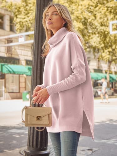 Image of LILLUSORY Women's Turtleneck Oversized Sweaters Long Batwing Sleeve Spilt Hem Tunic Pullover Knit Tops
