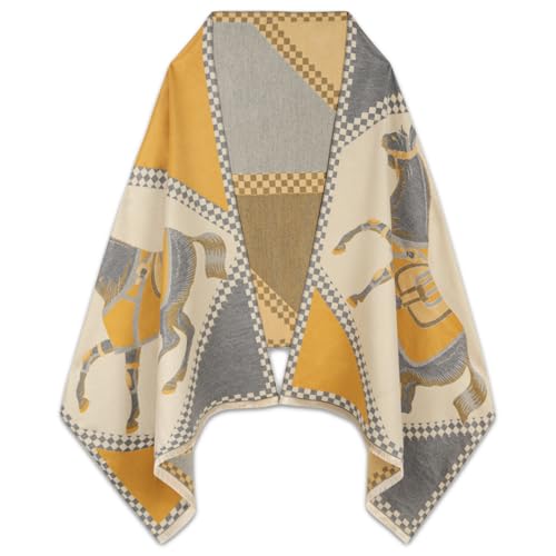 EXTREE Scarfs for Women Pashmina Silky Shawl Wrap for Evening Dressing Blanket Open Front Poncho Cape Aai-yellow-grey-horse