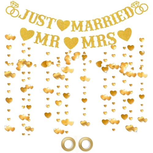 Just Married Decorations Set Just Married Banner Wedding Decoration - Gold Mr and Mrs Glitter Heart Garland Hanging Decor Justt Marriedd Engagement Bunting Banners for Bridal Shower Party Supplies