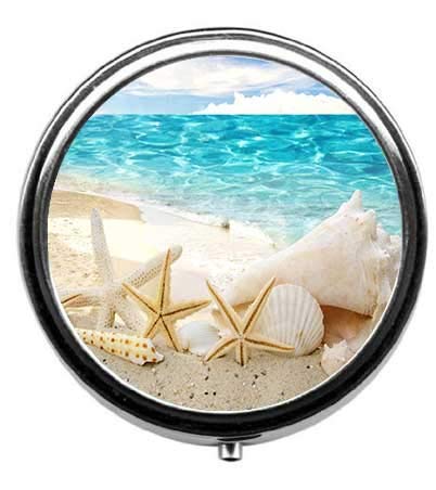 Image of Beautiful Beach Seascape Pattern Pill Box /Pill Case-Round Pill Box /Case- Three-Compartment Pill Box /Pill Case
