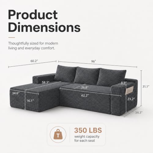 Image of 96 inch Boneless Couch, Modular L-Shaped Cloud Sectional Sofa, Dark Grey