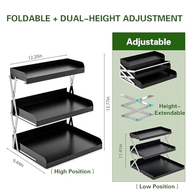 Spice Rack, Carbon Steel Foldable Kitchen Storage, 3-Tier Cup Organizer, 2-Level Adjustable, Black Counter Shelves, Includes Milk Frother and 100 Straws