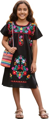 YZXDORWJ Girl Mexican Embroidered Dress Traditional Floral Short Sleeve (G20BK-150)