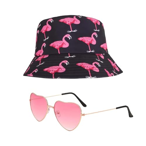 SqurHiet Flamingo Set Schwarzer Fischerhut mit Pinker Herz Sonnenbrille Lustiges Mallorca Party Outfit für Strand und Karneval Malle Accessoires für Hawaii Outfit Damen und Herren
