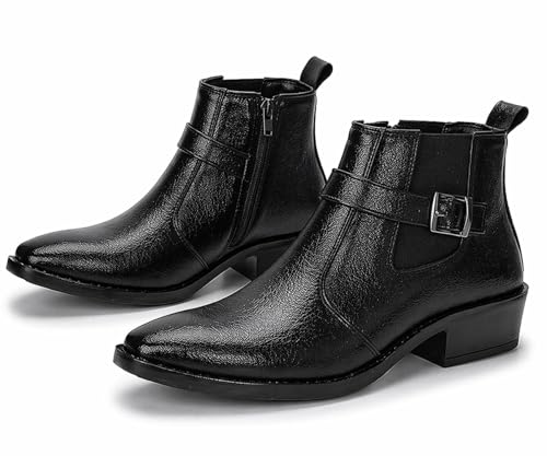 Image of Kraasa Men's Synthetic Leather Ankle Boots with Side Buckle Strap, Elastic Panel & Durable TPR Sole Casual & Formal Wear Boot