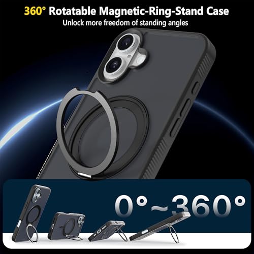 Image of eller sante Astros Magpro Back Cover Case for iPhone 16 Plus with Magnetic Alloy Ring Metal Kickstand Camera Protector TPU Shockproof 10ft Drop Protection Compatible with Mag-Safe- Black