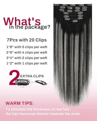 Image of Moresoo Silver Grey Hair Extensions Real Human Hair Clip ins Balayage Natural Black to Silver Clip in Hair Extensions for Volume Remy Human Hair Long Straight Can Be Curled Full Head 120g /7pcs 18in
