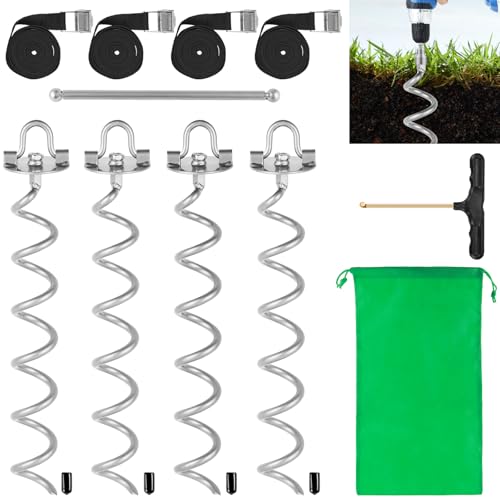 MIXXIDEA 17.5 Inch Gound Anchors Screw in, Metal Spiral Earth Anchors Kit, Heavy Duty Folding Ring Ground Stakes for Tent Trampolines, Garden Fence, Sheds, Swings (Silver, 17.5 Inch with 92in Strap)