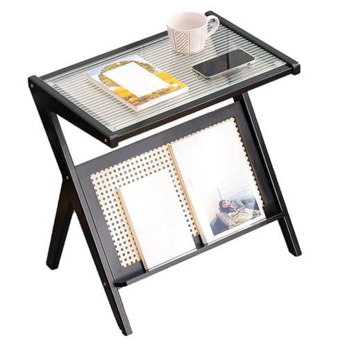 Mesa de centro con parte superior de cristal templado, diseño de ratán y bambú en forma de Z, patas naturales, ideal para sala de estar, dormitorio y espacios pequeños