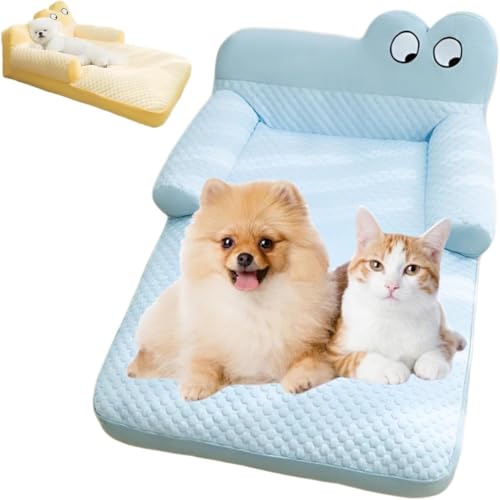 犬猫兼用 ひんやり冷却マット 枕付きペットベッド 通気性 洗えるクールソファ 夏用 涼感クッション 滑り止め付き 軽量&柔らかい 快適な暑さ対策 小型犬 中型犬 猫 4~20kg対応 (ブルー,M(推奨体重10KG以内))