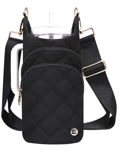 Elmklare Water Bottle Holder with Strap for 30/32 oz, Crossbody Water Bottle Carrier Bag with RFID Blocking Phone Pocket for Gym Hiking Walking Travel, Black